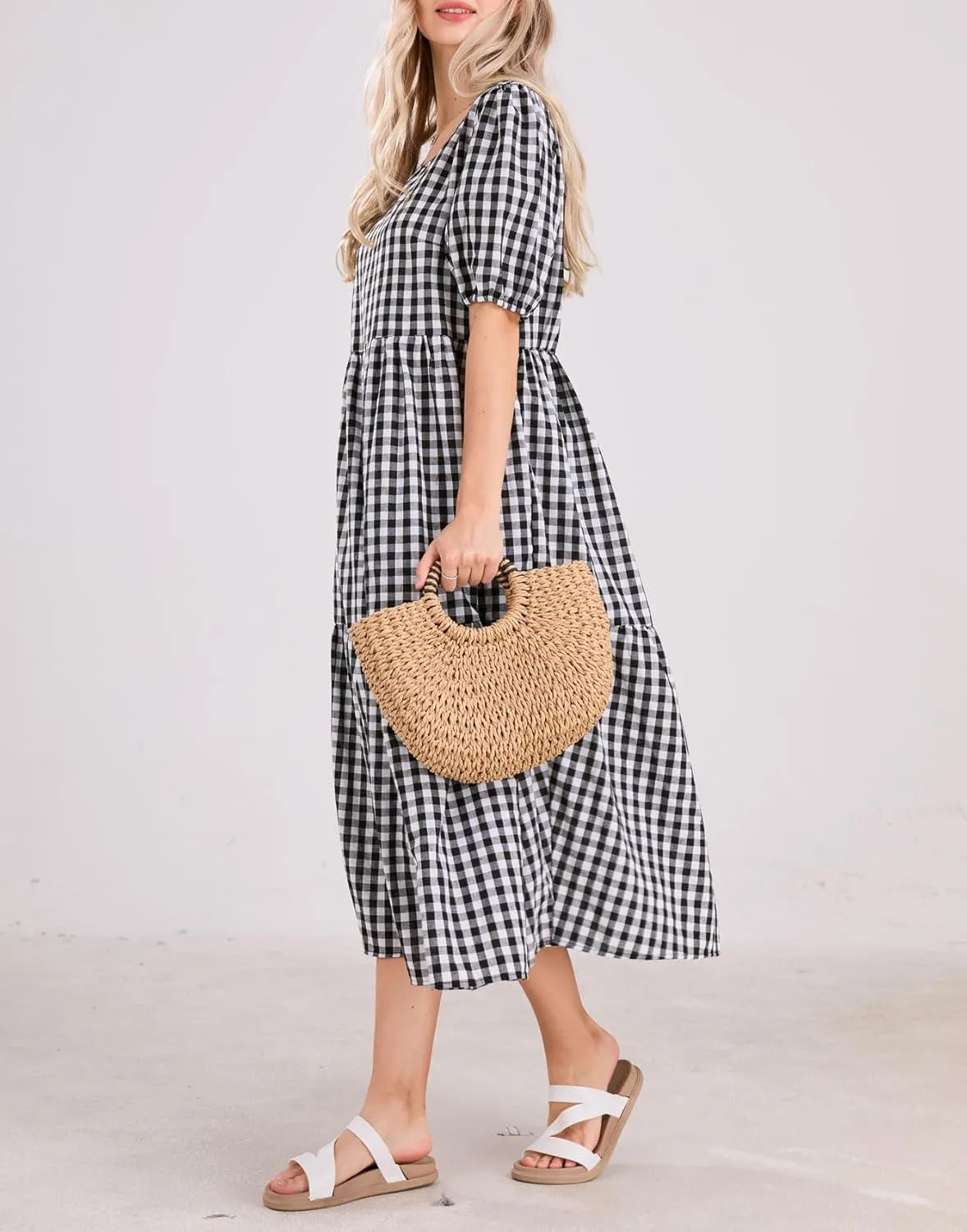 chouyatou Women's Retro Lantern Puff Sleeve Plaid Dress Gingham Swing Tiered Midi Long Dress