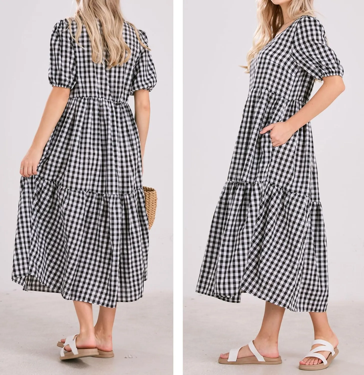 chouyatou Women's Retro Lantern Puff Sleeve Plaid Dress Gingham Swing Tiered Midi Long Dress
