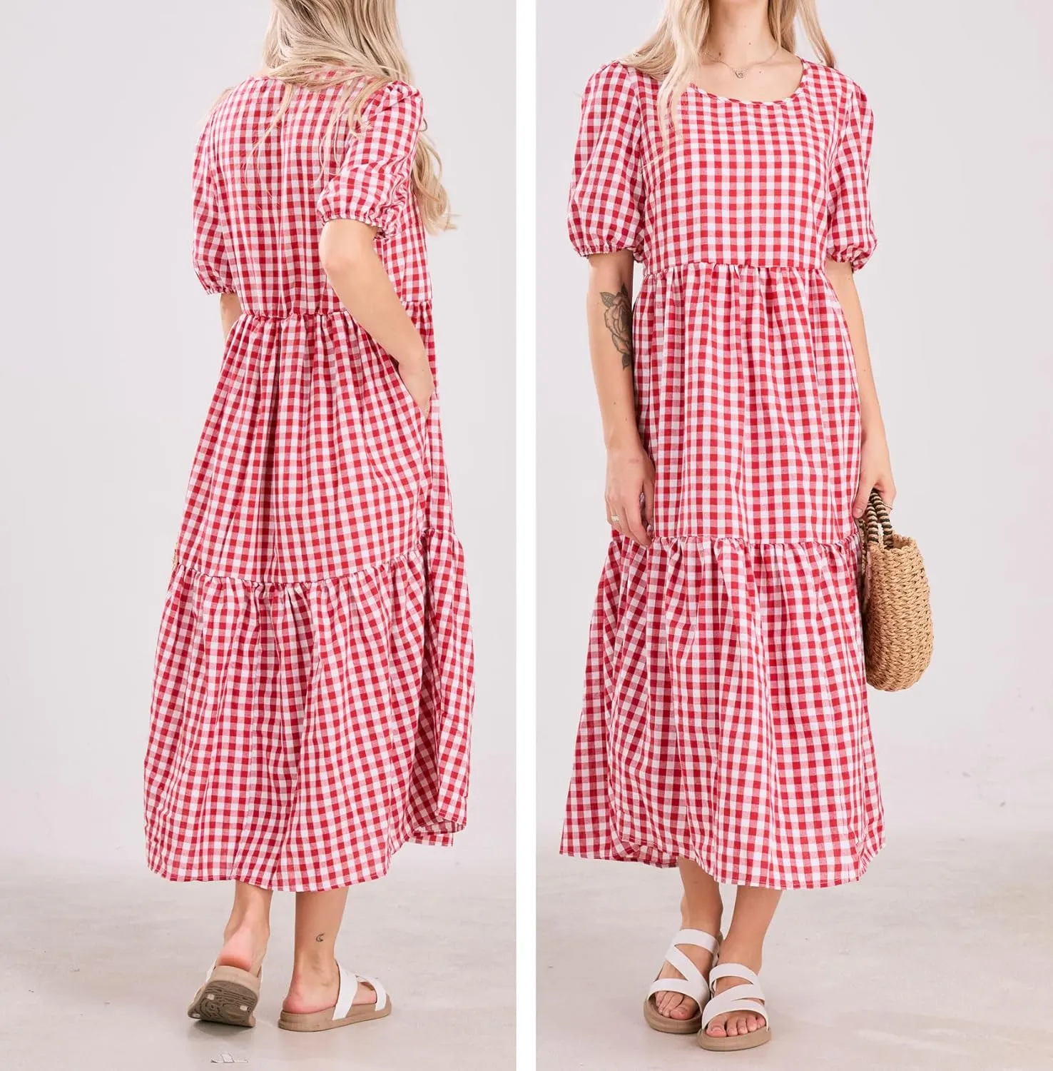chouyatou Women's Retro Lantern Puff Sleeve Plaid Dress Gingham Swing Tiered Midi Long Dress