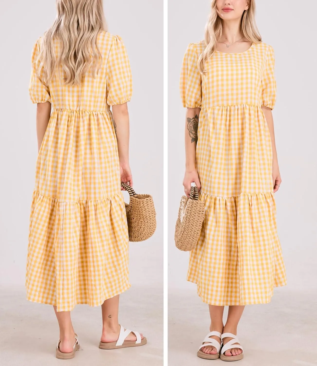 chouyatou Women's Retro Lantern Puff Sleeve Plaid Dress Gingham Swing Tiered Midi Long Dress