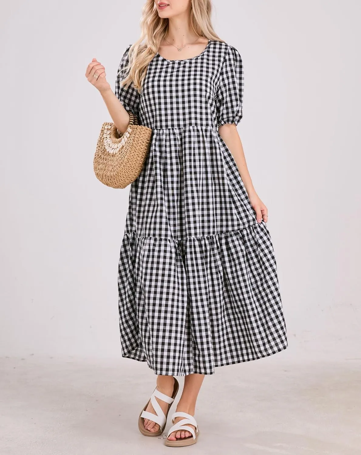 chouyatou Women's Retro Lantern Puff Sleeve Plaid Dress Gingham Swing Tiered Midi Long Dress