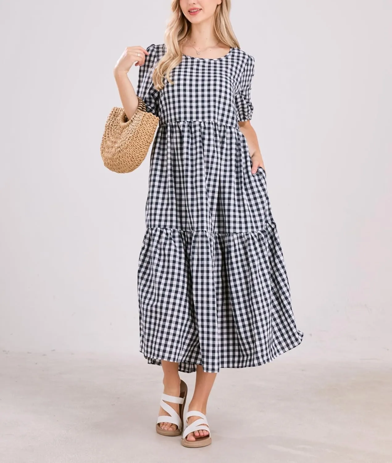 chouyatou Women's Retro Lantern Puff Sleeve Plaid Dress Gingham Swing Tiered Midi Long Dress