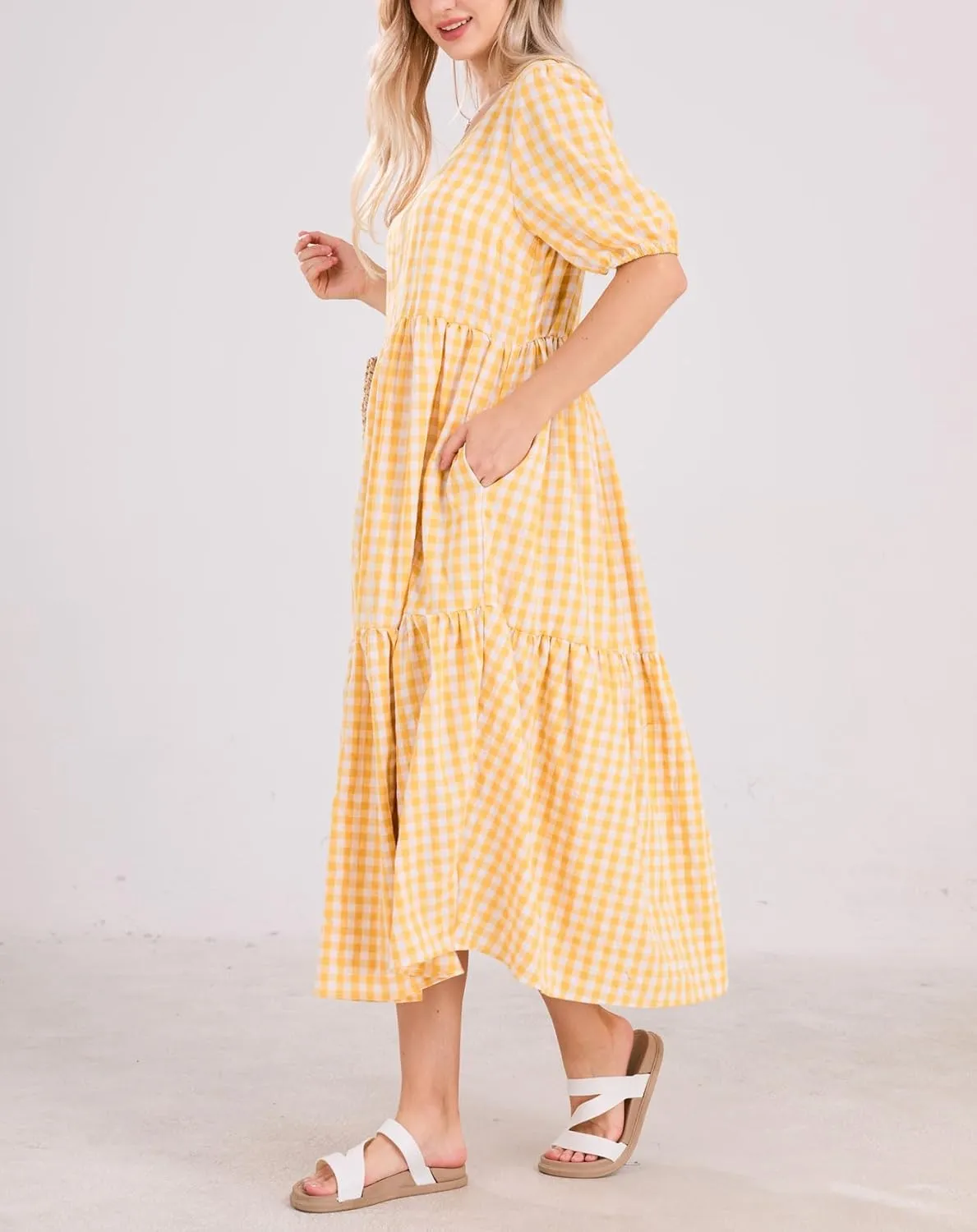 chouyatou Women's Retro Lantern Puff Sleeve Plaid Dress Gingham Swing Tiered Midi Long Dress
