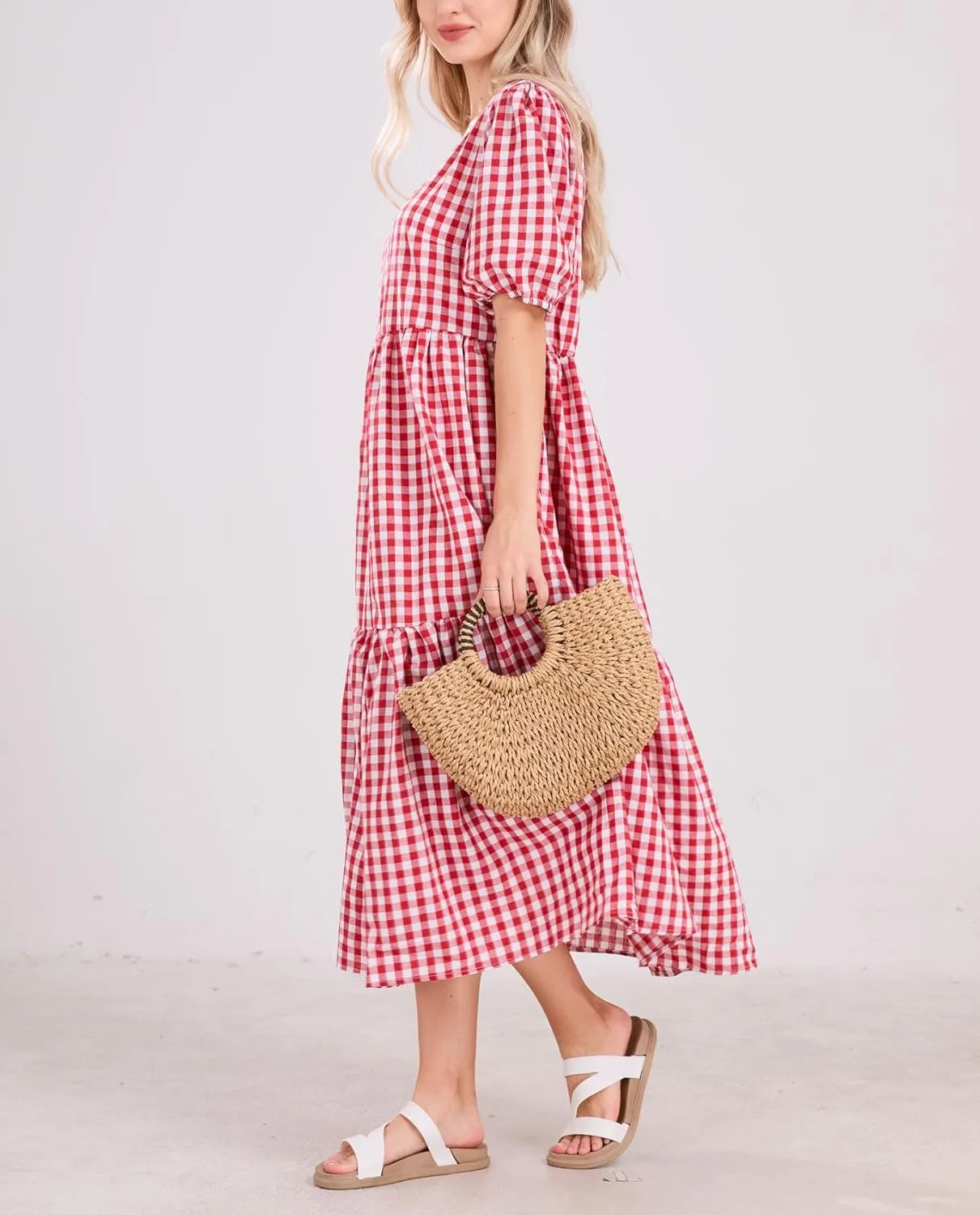 chouyatou Women's Retro Lantern Puff Sleeve Plaid Dress Gingham Swing Tiered Midi Long Dress