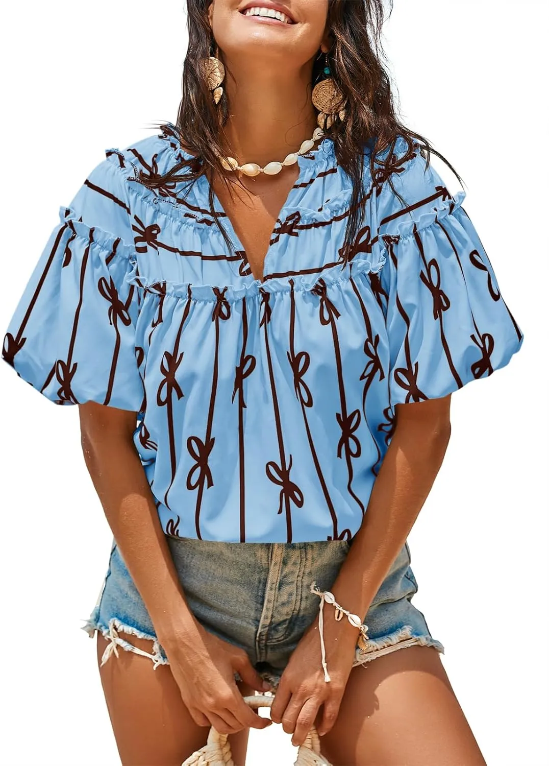 Cicy Bell Womens Summer Babydoll Tops Short Lantern Sleeve Bow Print Blouse V Neck Pleated Casual Cute Tee Shirts
