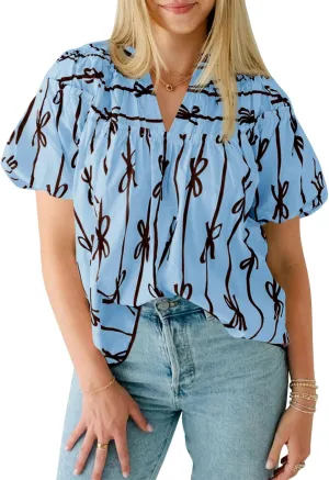 Cicy Bell Womens Summer Babydoll Tops Short Lantern Sleeve Bow Print Blouse V Neck Pleated Casual Cute Tee Shirts