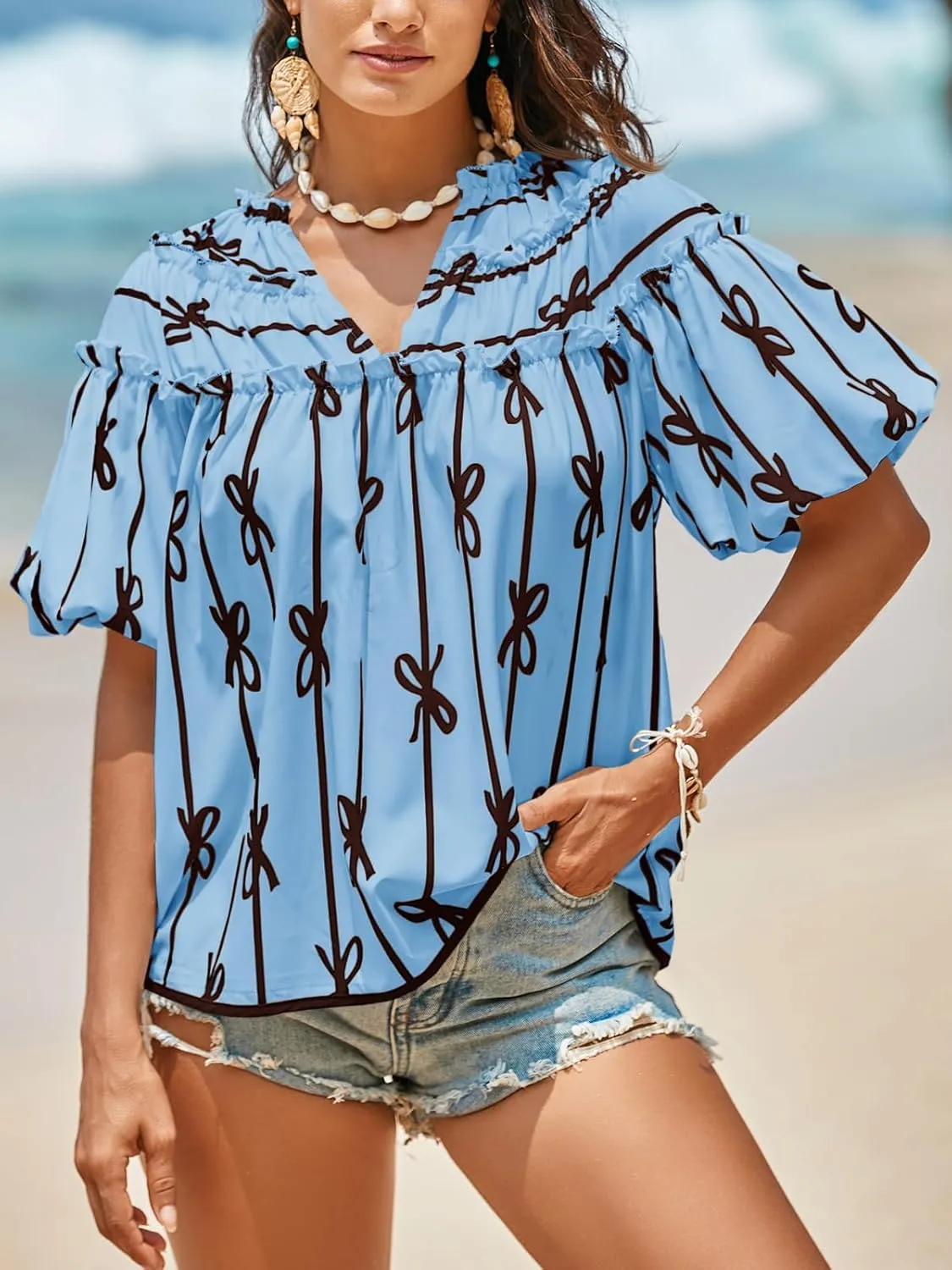 Cicy Bell Womens Summer Babydoll Tops Short Lantern Sleeve Bow Print Blouse V Neck Pleated Casual Cute Tee Shirts