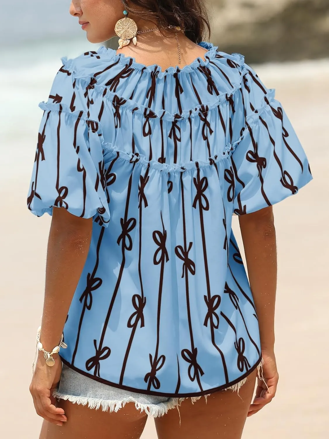 Cicy Bell Womens Summer Babydoll Tops Short Lantern Sleeve Bow Print Blouse V Neck Pleated Casual Cute Tee Shirts