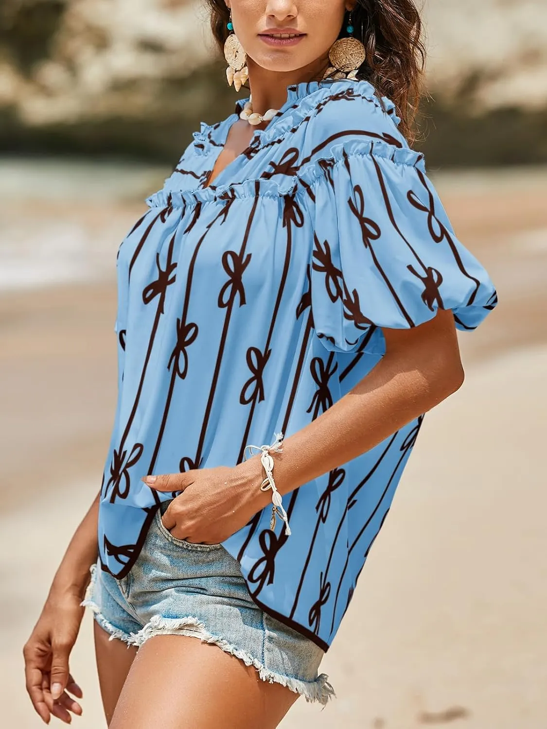 Cicy Bell Womens Summer Babydoll Tops Short Lantern Sleeve Bow Print Blouse V Neck Pleated Casual Cute Tee Shirts