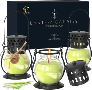 Citronella Candles Outdoor with Vintage Lantern - 3pcs 3.5oz DEET Free Lemongrass Scented Candles for Camping Patio Garden, Natural Citronella Soy Wax Candle, Gifts for Women