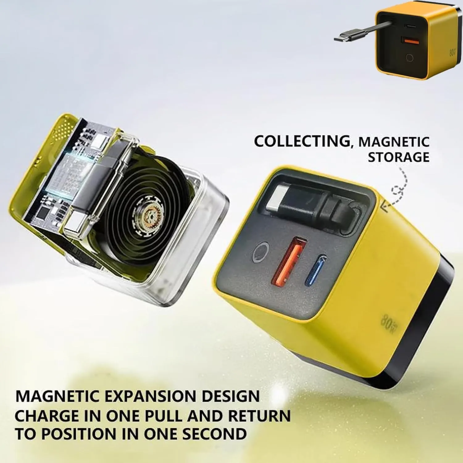 Civilizek 3 in 1 Gan Charger, Spiritual Charger, Scalable 80w Max Fast Charger Module with Type-C Cable and 2 USB Ports, Versatile Portable Travel (Yellow White)