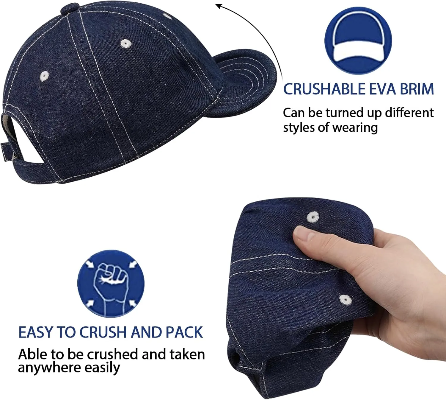 Clakllie Stylish Short Bill Hat Denim Baseball Cap Soft Flat Brim Snapback Hats Trucker Hat Casual Dad Hats Hip Hop Cadet Cap