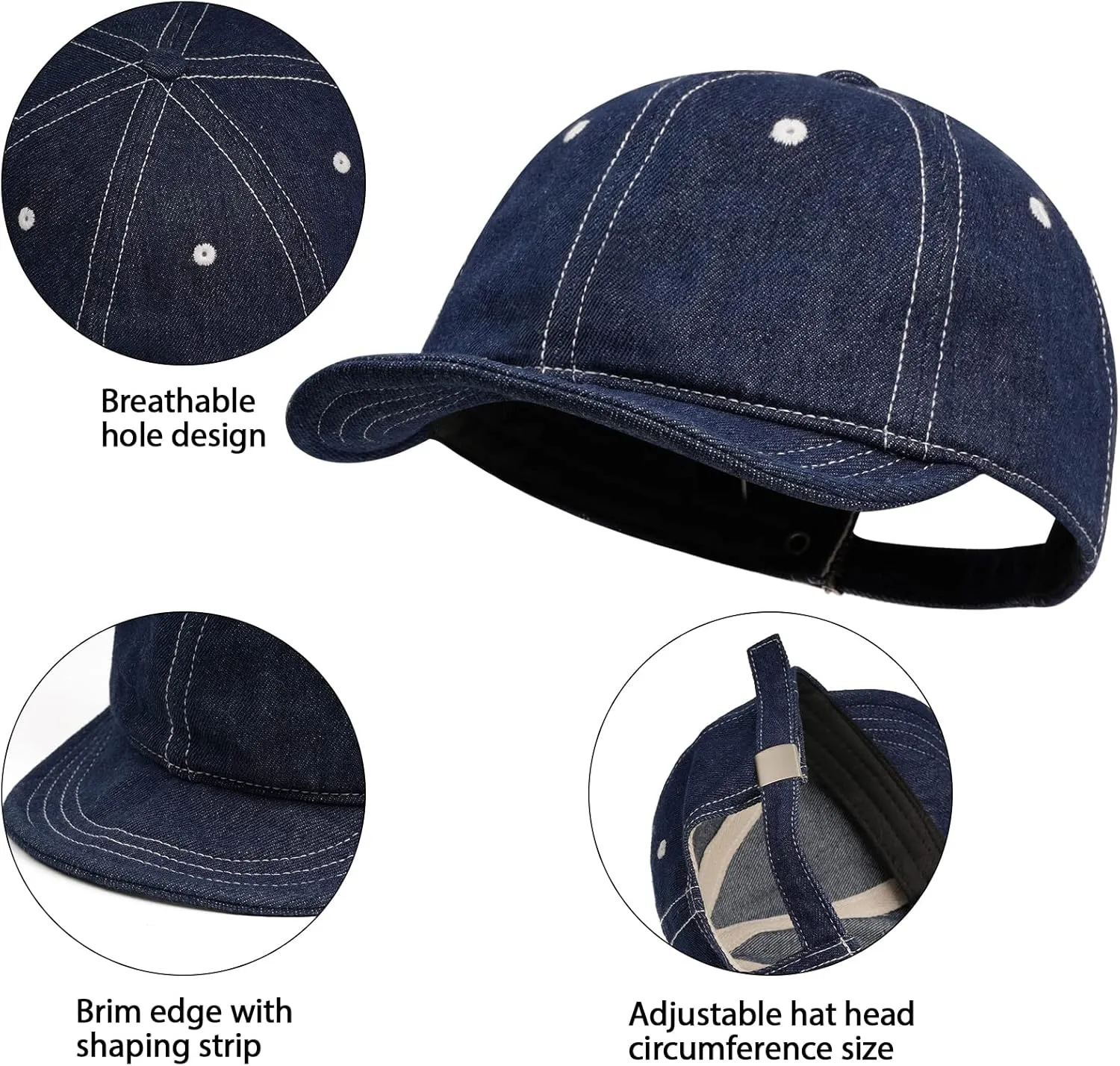 Clakllie Stylish Short Bill Hat Denim Baseball Cap Soft Flat Brim Snapback Hats Trucker Hat Casual Dad Hats Hip Hop Cadet Cap