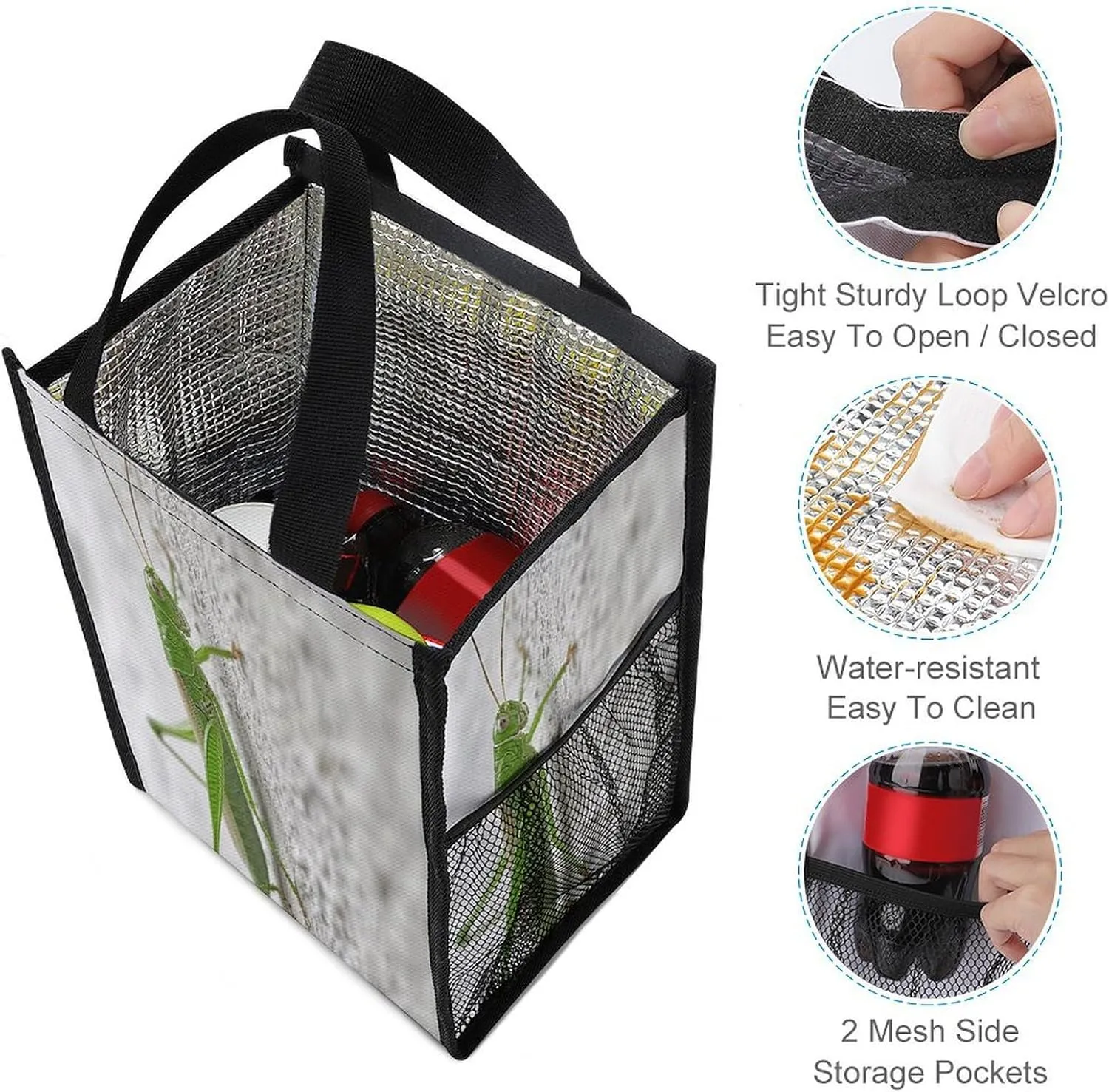 Classic Lunch Box for Men Women,Green Grasshopper Image Reusable Insulated Lunch Bag Cooler for Work Picnic Or Travel