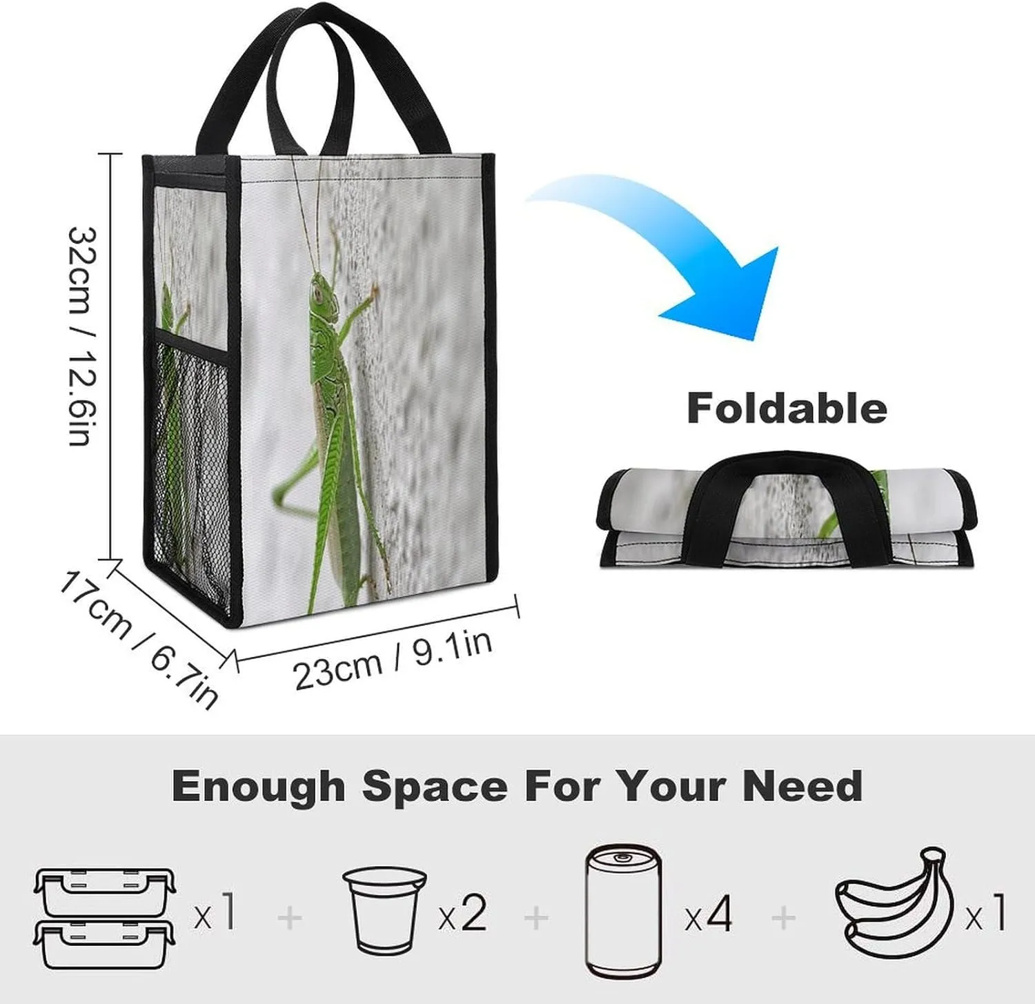 Classic Lunch Box for Men Women,Green Grasshopper Image Reusable Insulated Lunch Bag Cooler for Work Picnic Or Travel