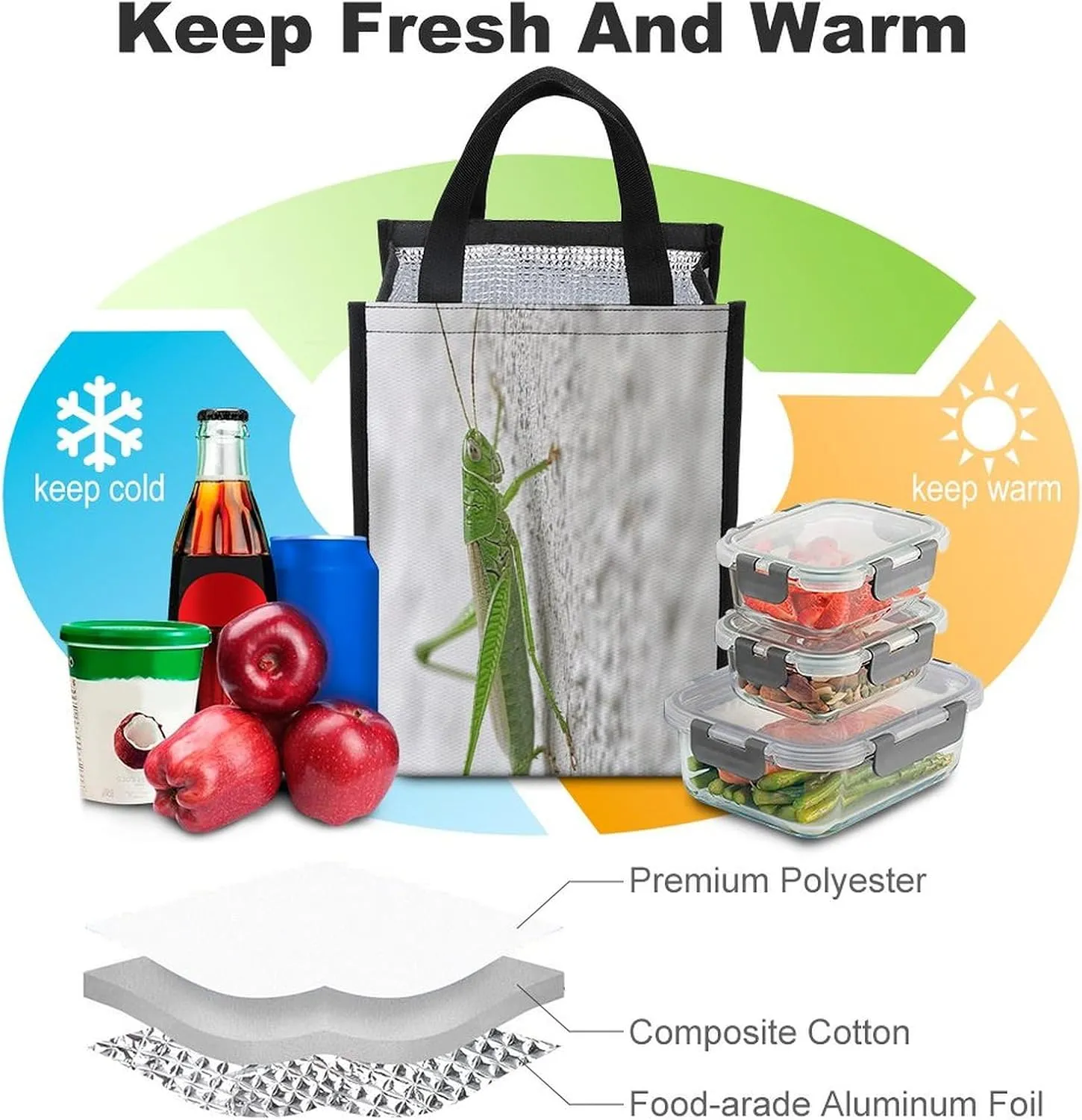 Classic Lunch Box for Men Women,Green Grasshopper Image Reusable Insulated Lunch Bag Cooler for Work Picnic Or Travel