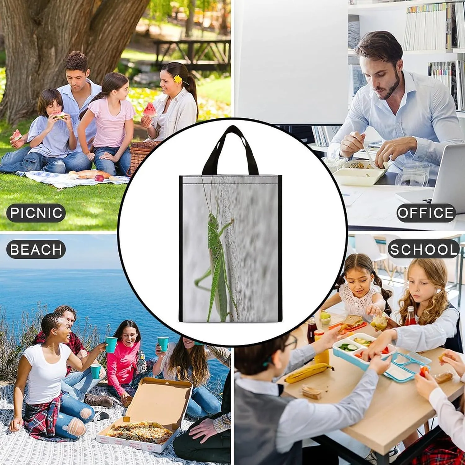 Classic Lunch Box for Men Women,Green Grasshopper Image Reusable Insulated Lunch Bag Cooler for Work Picnic Or Travel