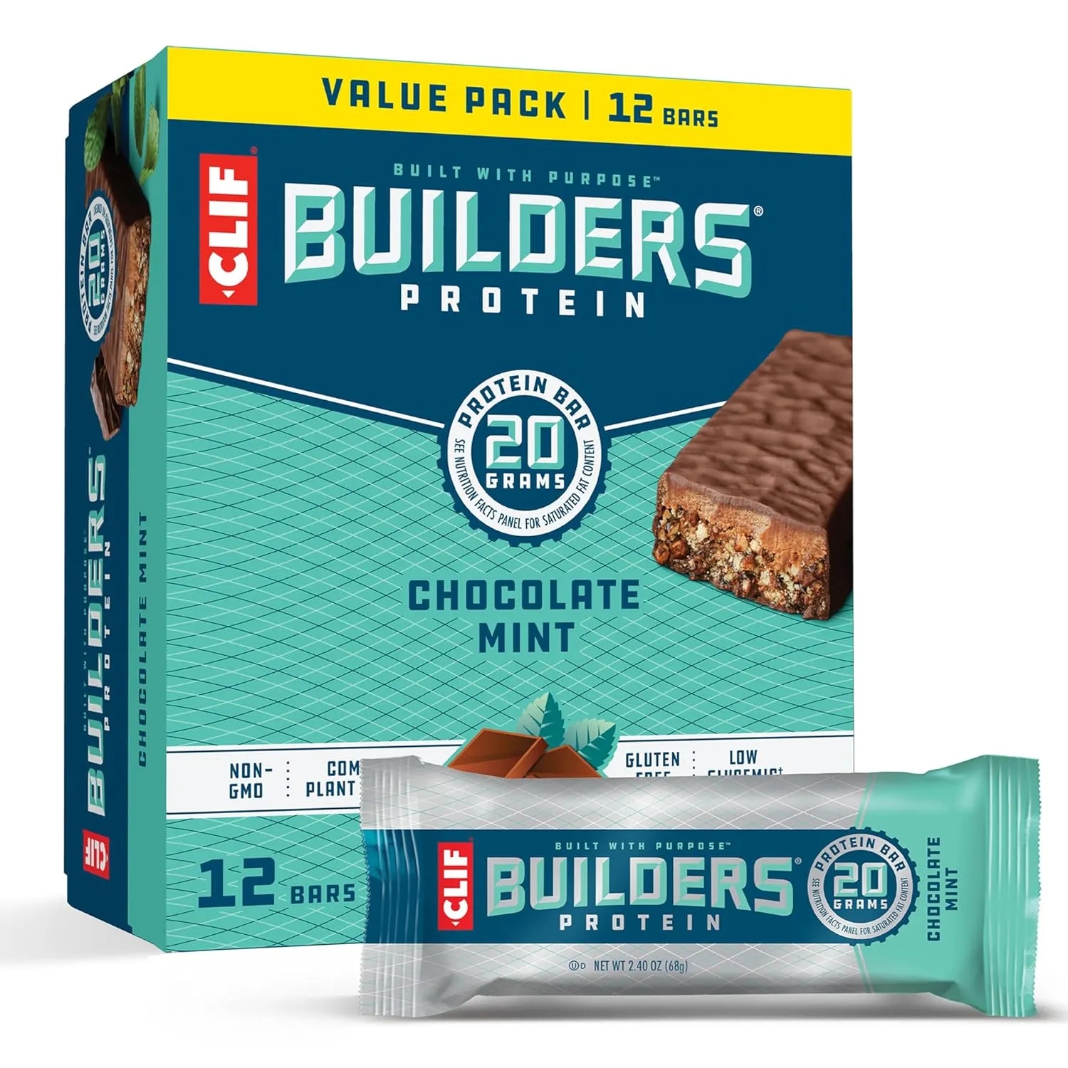 CLIF Builders - Chocolate Mint Flavor - Protein Bars - Gluten-Free - Non-GMO & Chocolate Peanut Butter Flavor - Protein Bars - Gluten-Free - Non-GMO - Low Glycemic - 20g Protein - 2.4 oz. (24 Count)