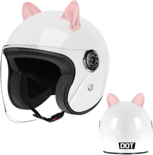 Cool Cat Ear Electric Motorcycle Vespa Half Helmet with Visor Retro 3/4 Open Face Dirt-Bike Helmet Scooter Moped Street Jet Helmet,DOT Approved Quick Release Riding ATV Helmet