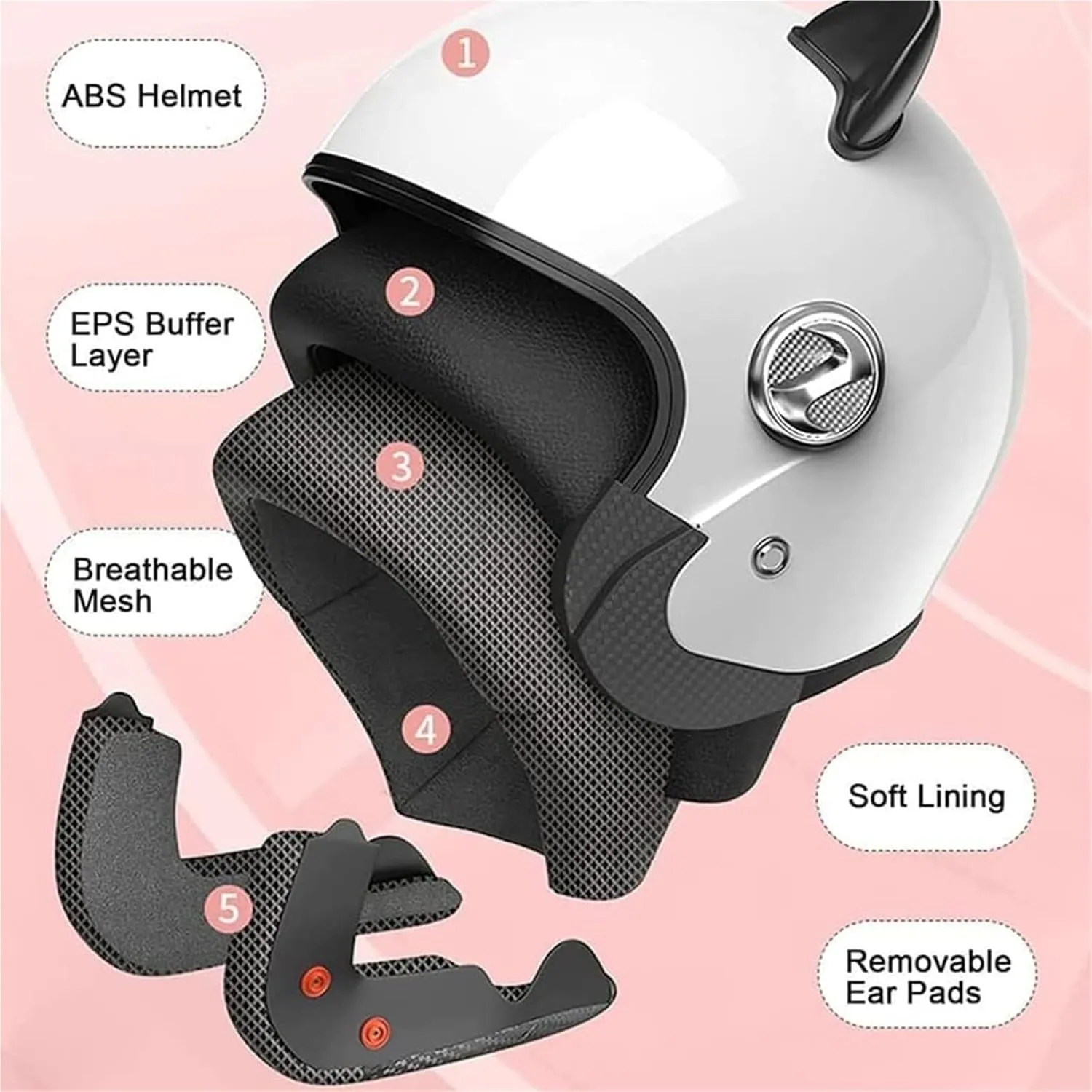 Cool Cat Ear Electric Motorcycle Vespa Half Helmet with Visor Retro 3/4 Open Face Dirt-Bike Helmet Scooter Moped Street Jet Helmet,DOT Approved Quick Release Riding ATV Helmet