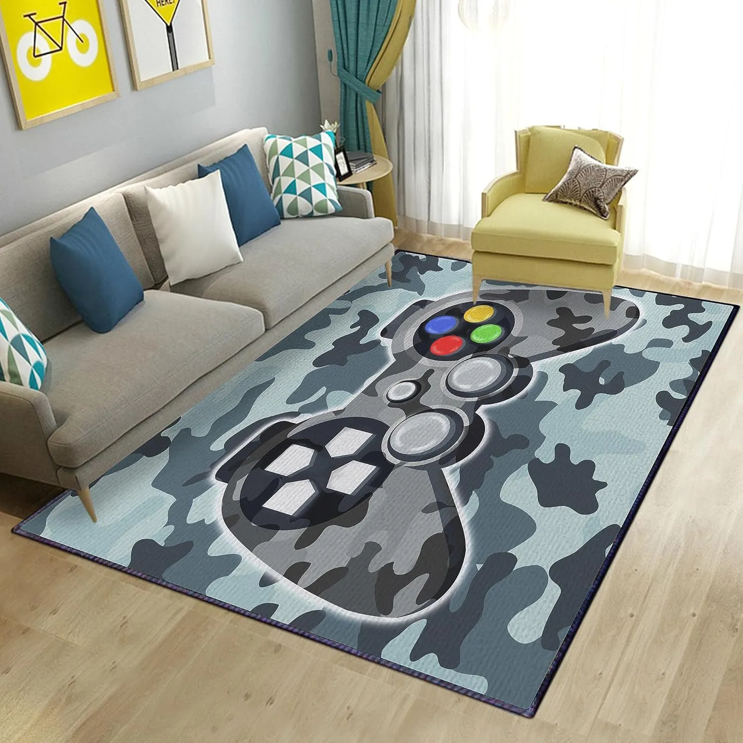 Cool Large 3D Printed Gaming Carpet Rugs for Boys Bedroom, Home Decor Kids Game Room Gamer Area Rugs, Non-Slip Gamepad Carpet for Teen Men Living Room Sofa Playroom Hard Wood Floor Mat, 59"*39"
