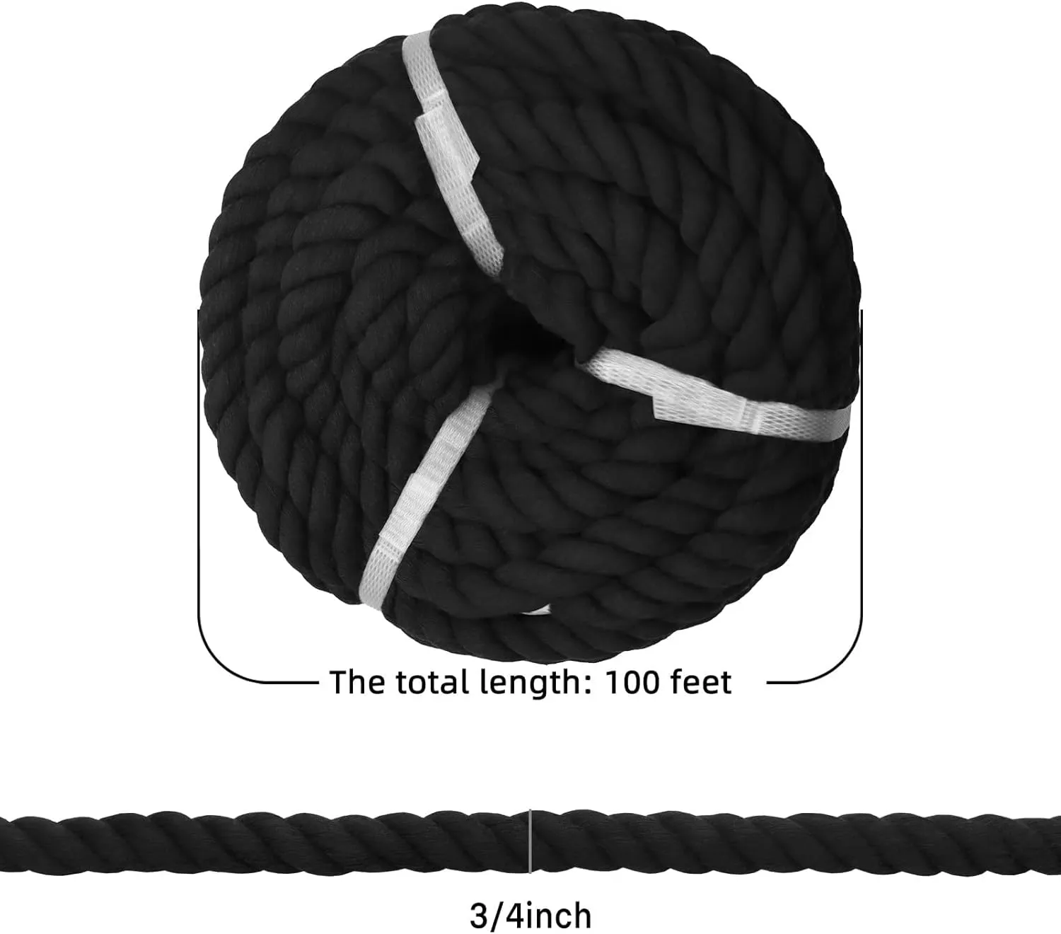Cotton Rope 3/4 Inch X 100 Feet- Thick Black Rope for Hanging Swing Railing Home Decor Tug of War