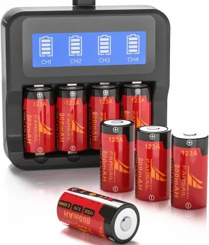 CR123A Rechargeable Lithium Batteries Charger, FARSAIL 4-Pack 800mAH 3.7V 123A Rechargeable Batteries for Arlo Camera VMS3130 VMC3030 VMK3200 VMS3330 3430 3530, Alarm System, Flasglight