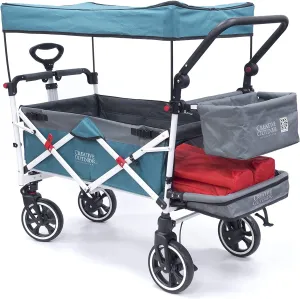 Creative Outdoor Wagon for Kids Push Pull Collapsible Stroller with Canopy Folding Cart, Titanium Series Plus, Beach, Park, Garden, Teal-Grey