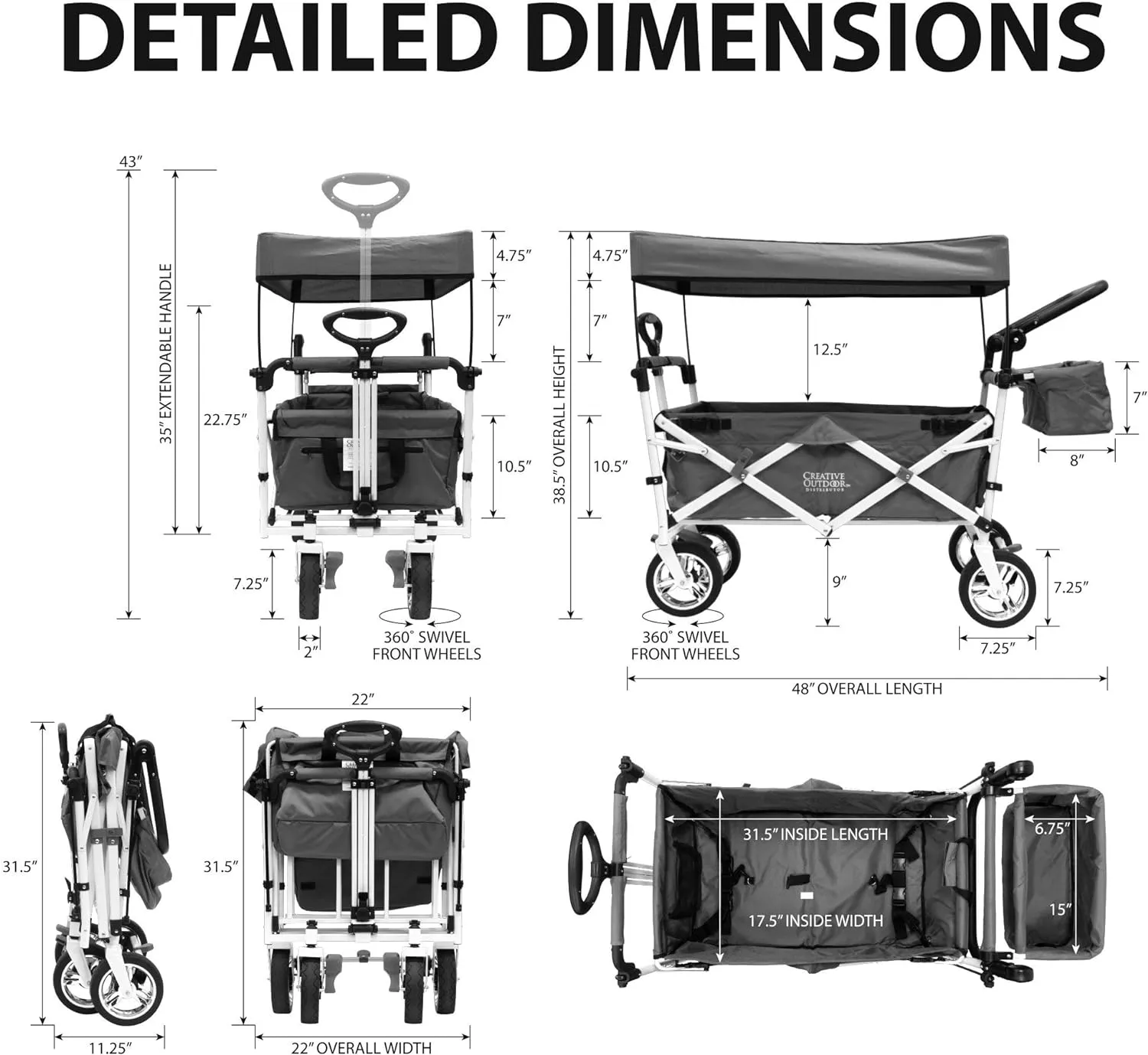 Creative Outdoor Wagon for Kids Push Pull Collapsible Stroller with Canopy Folding Cart, Titanium Series Plus, Beach, Park, Garden, Teal-Grey