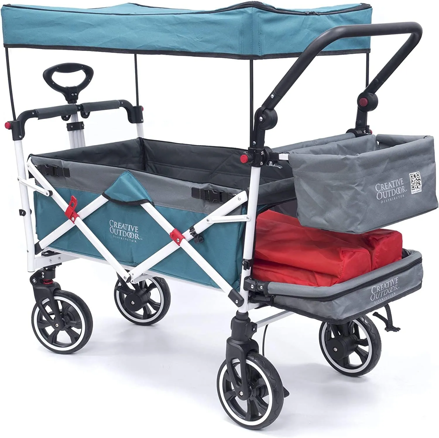 Creative Outdoor Wagon for Kids Push Pull Collapsible Stroller with Canopy Folding Cart, Titanium Series Plus, Beach, Park, Garden, Teal-Grey