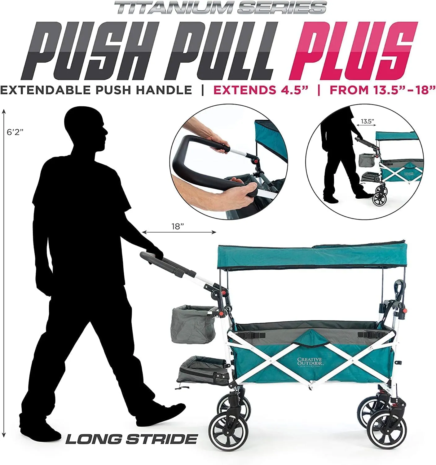 Creative Outdoor Wagon for Kids Push Pull Collapsible Stroller with Canopy Folding Cart, Titanium Series Plus, Beach, Park, Garden, Teal-Grey