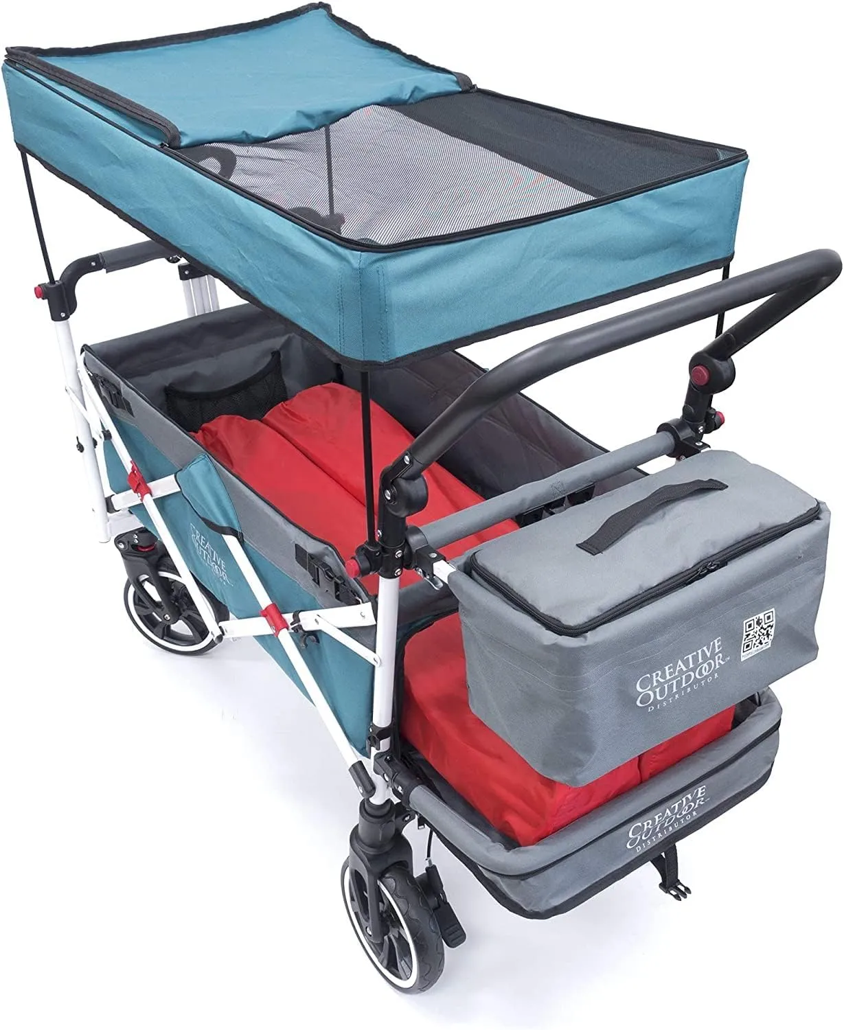 Creative Outdoor Wagon for Kids Push Pull Collapsible Stroller with Canopy Folding Cart, Titanium Series Plus, Beach, Park, Garden, Teal-Grey