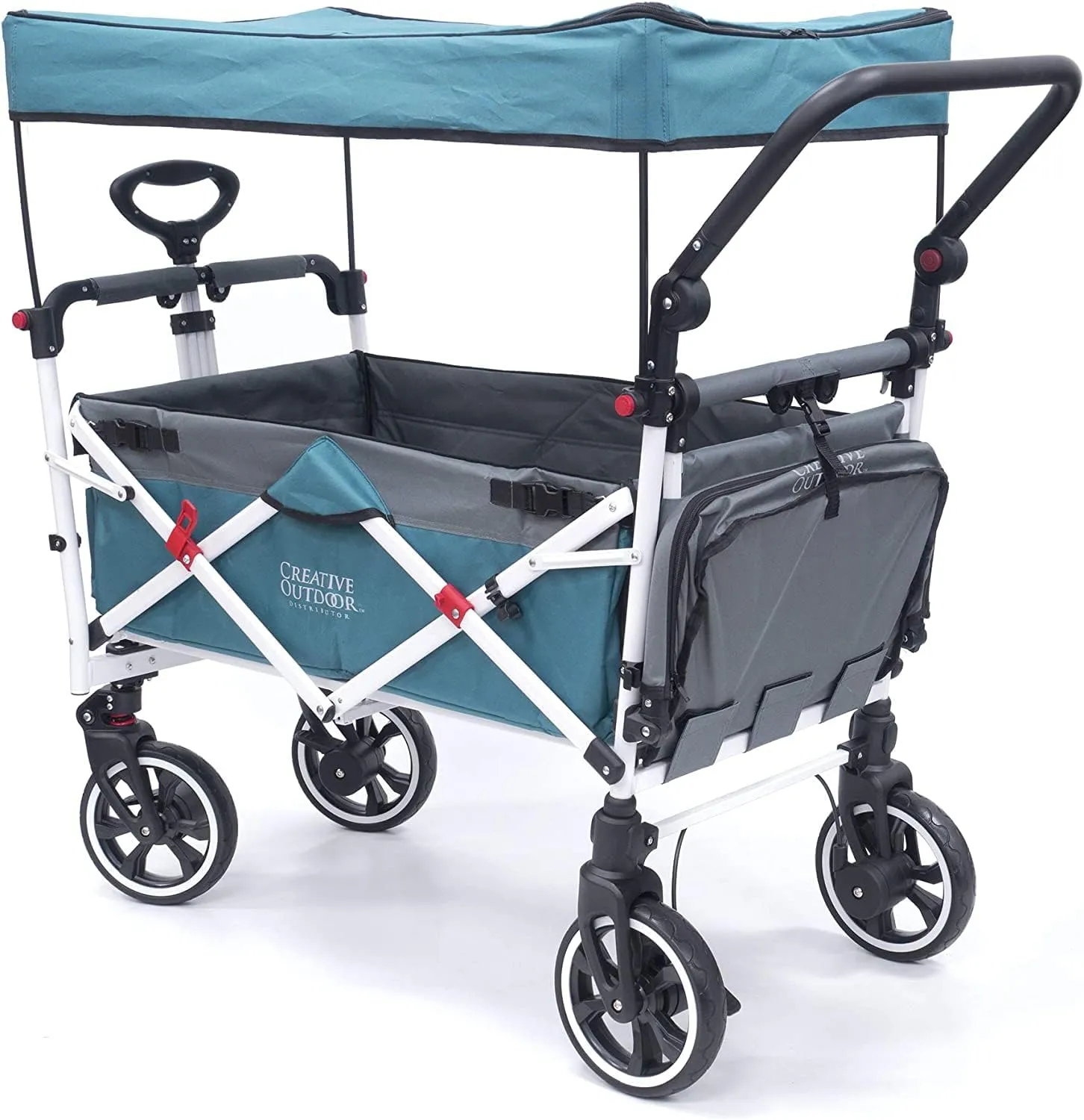 Creative Outdoor Wagon for Kids Push Pull Collapsible Stroller with Canopy Folding Cart, Titanium Series Plus, Beach, Park, Garden, Teal-Grey