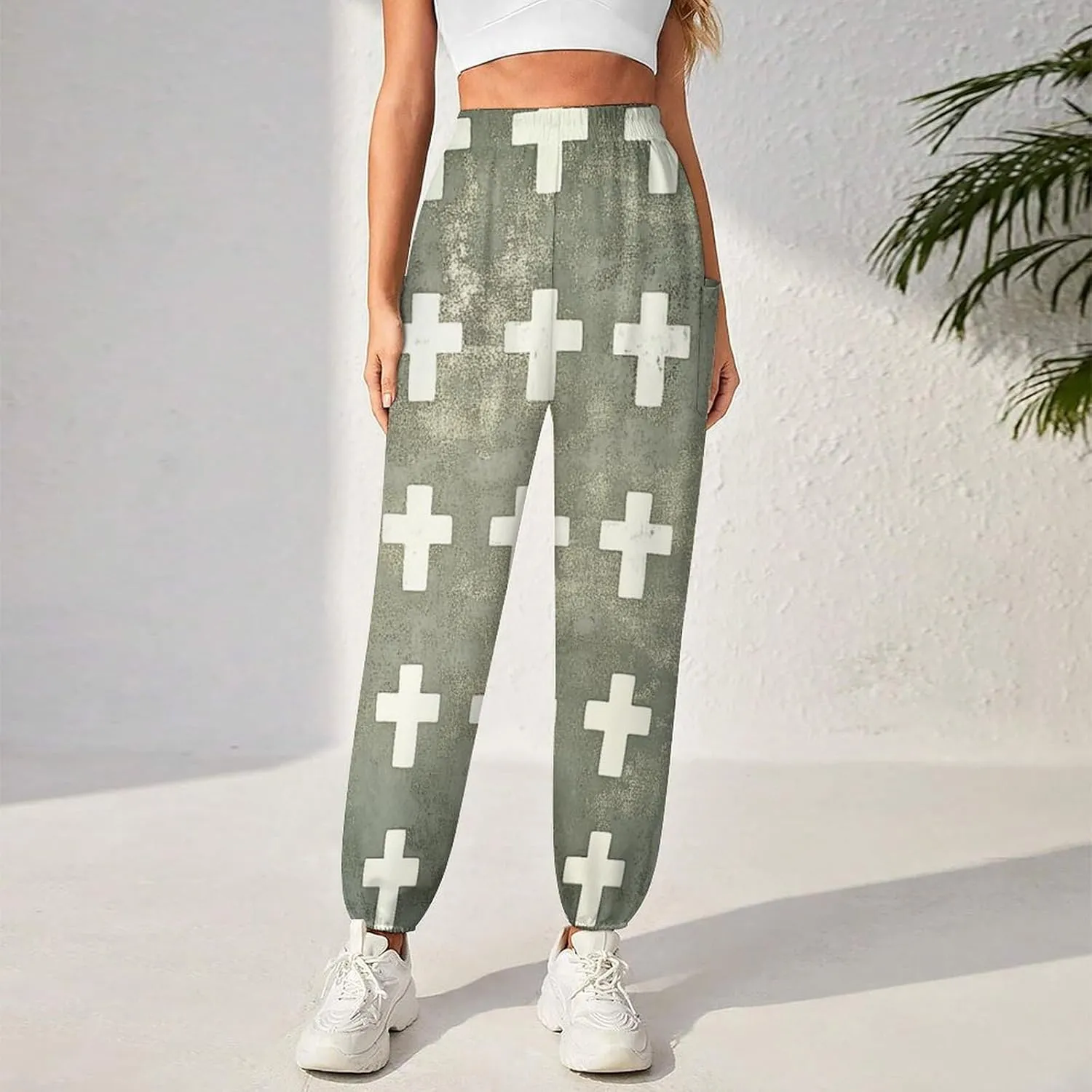 Crosses Texture Yoga Harem Pants for Women Elastic High Waisted Loose Lantern Tapered Harem Pants with Pockets