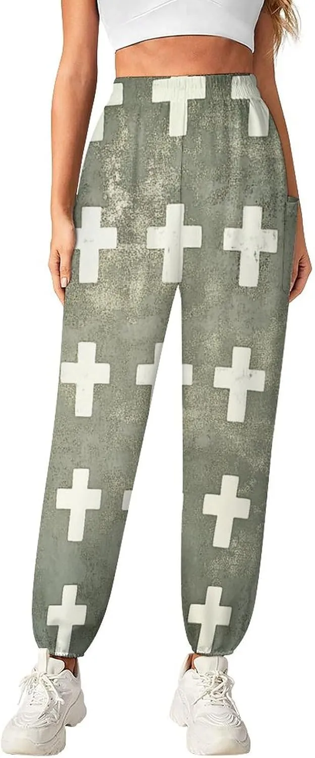 Crosses Texture Yoga Harem Pants for Women Elastic High Waisted Loose Lantern Tapered Harem Pants with Pockets