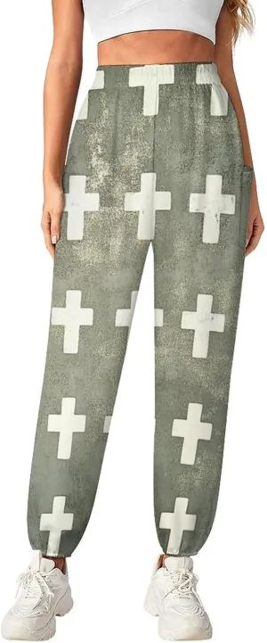 Crosses Texture Yoga Harem Pants for Women Elastic High Waisted Loose Lantern Tapered Harem Pants with Pockets