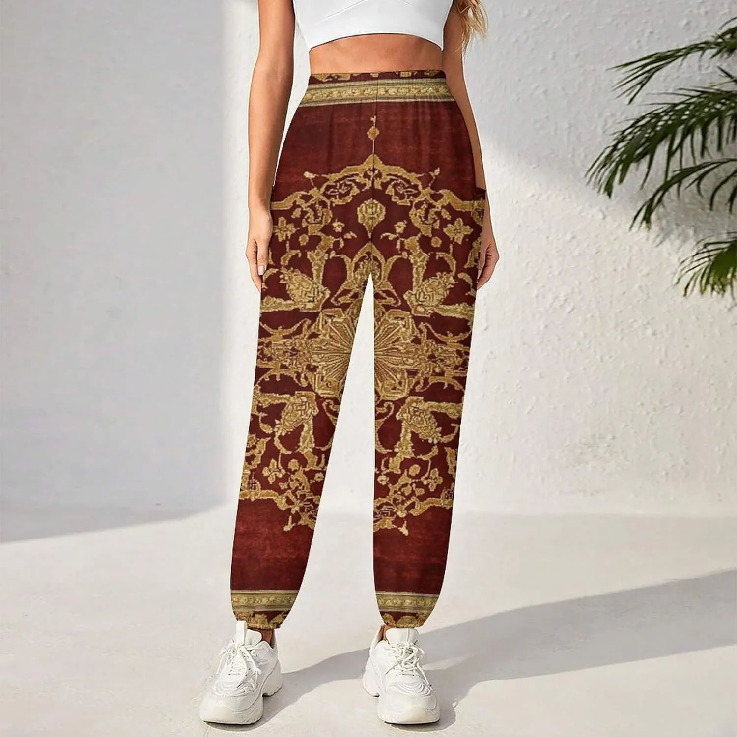 Crosses Texture Yoga Harem Pants for Women Elastic High Waisted Loose Lantern Tapered Harem Pants with Pockets