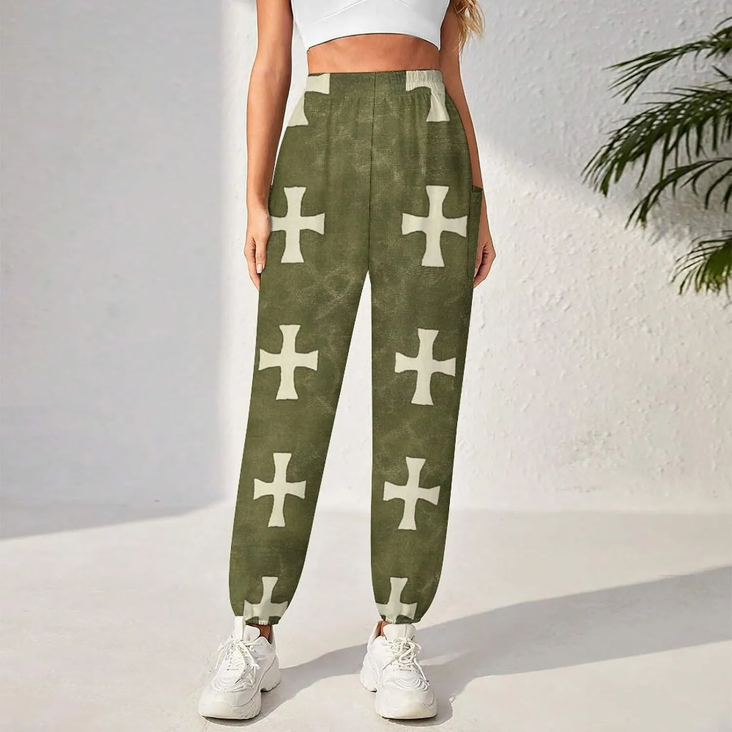 Crosses Texture Yoga Harem Pants for Women Elastic High Waisted Loose Lantern Tapered Harem Pants with Pockets