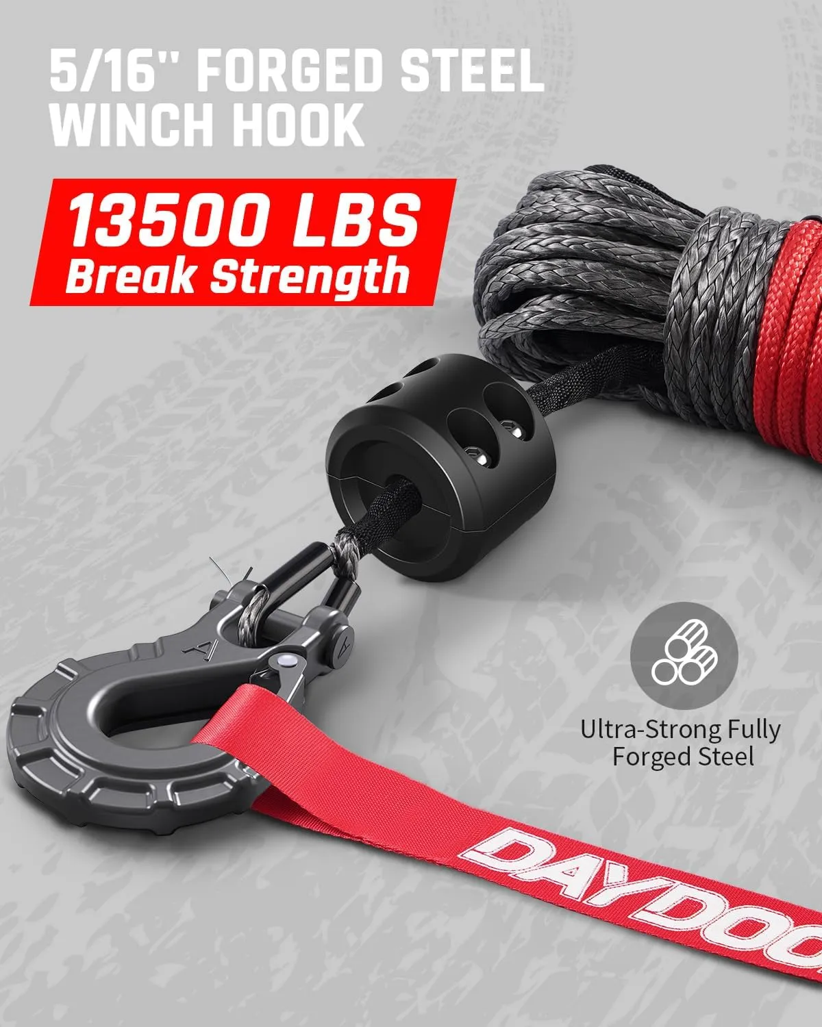 DAYDOOR Synthetic Winch Rope, 1/4'' x 50ft 10,000LBS Synthetic Winch Line, Synthetic Winch Cable for Offroad Vehicle 4WD ATV UTV, Synthetic Rope with Forged Winch Hook and Rubber Stopper (Gray)