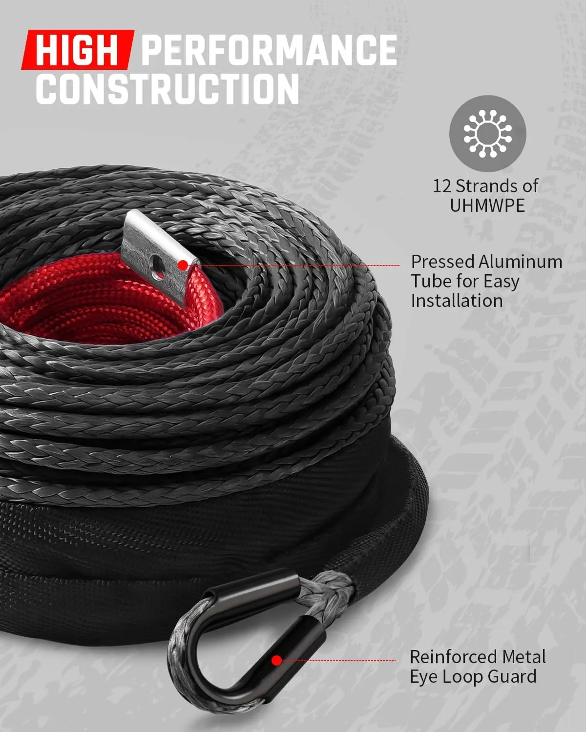 DAYDOOR Synthetic Winch Rope, 1/4'' x 50ft 10,000LBS Synthetic Winch Line, Synthetic Winch Cable for Offroad Vehicle 4WD ATV UTV, Synthetic Rope with Forged Winch Hook and Rubber Stopper (Gray)