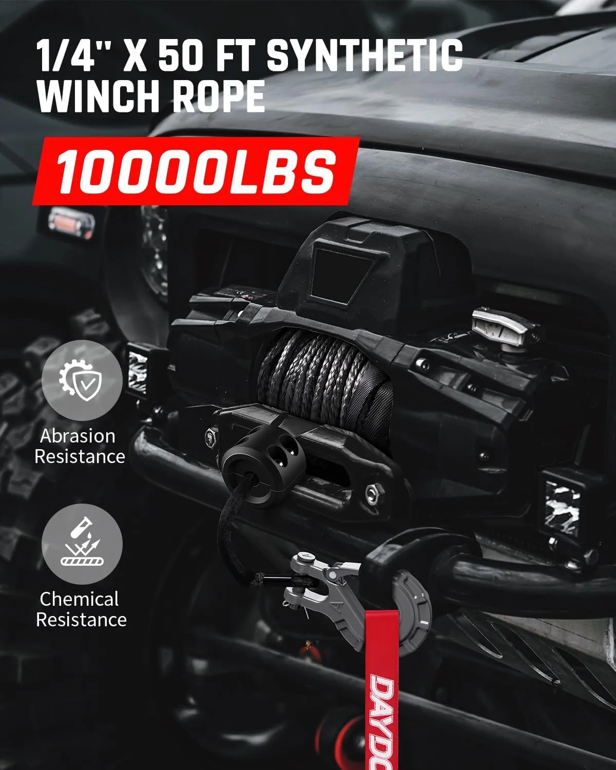DAYDOOR Synthetic Winch Rope, 1/4'' x 50ft 10,000LBS Synthetic Winch Line, Synthetic Winch Cable for Offroad Vehicle 4WD ATV UTV, Synthetic Rope with Forged Winch Hook and Rubber Stopper (Gray)