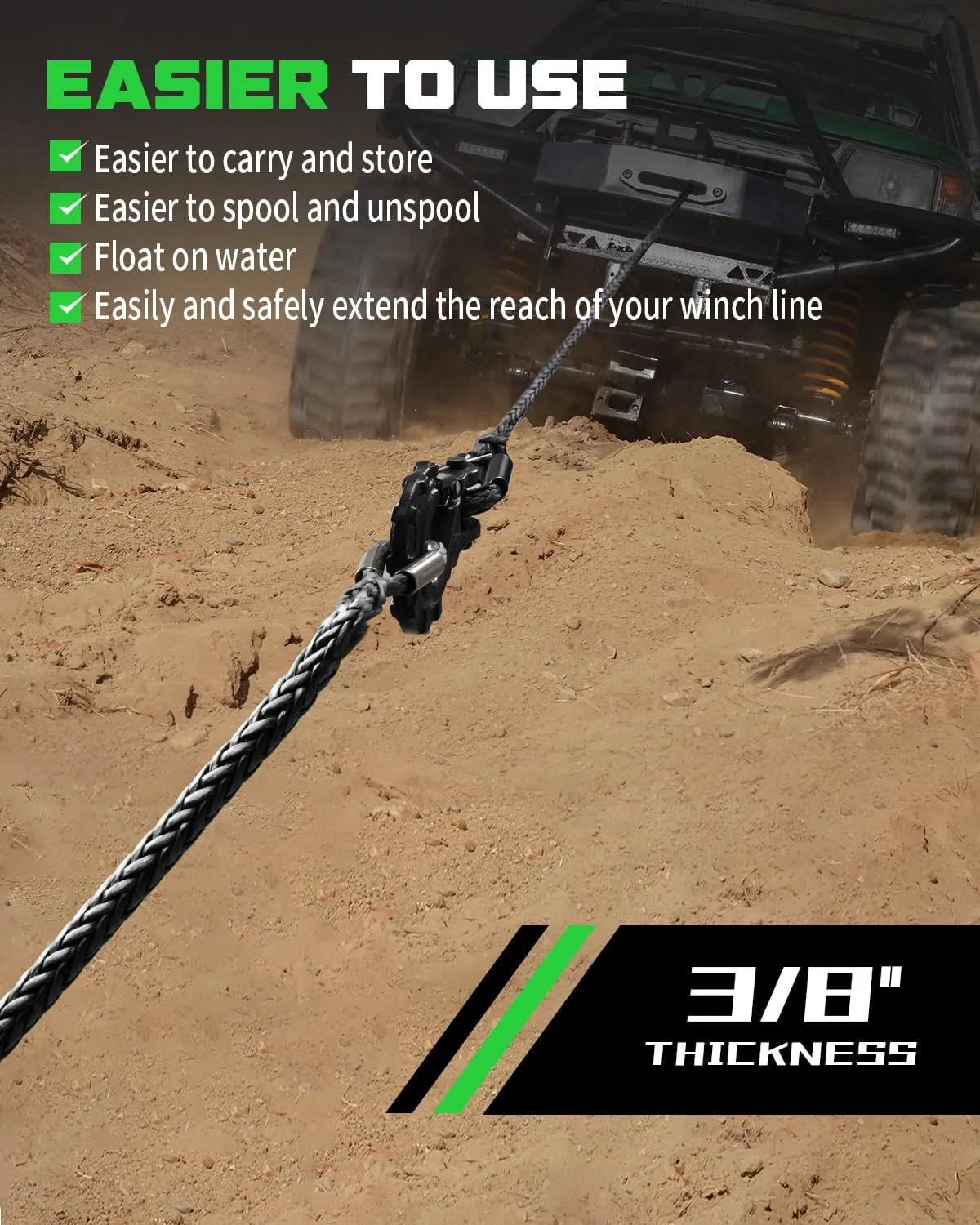 DAYDOOR Winch Rope Extension, 3/8'' x 50ft Synthetic Winch Extension Rope, 26,500 Lbs Winch Extension Line for Off Road Vehicle ATV UTV SUV Jeep(Gray)