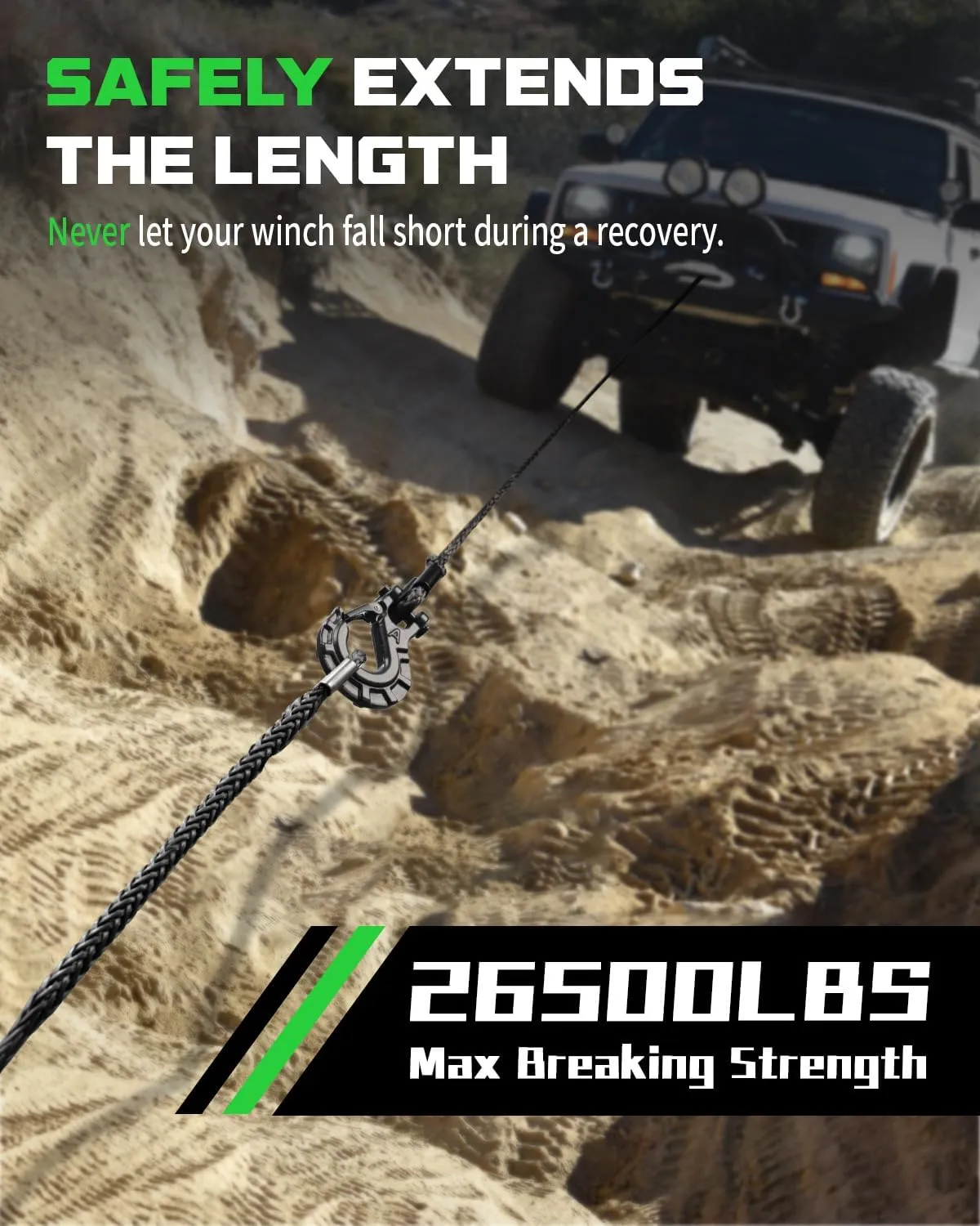 DAYDOOR Winch Rope Extension, 3/8'' x 50ft Synthetic Winch Extension Rope, 26,500 Lbs Winch Extension Line for Off Road Vehicle ATV UTV SUV Jeep(Gray)