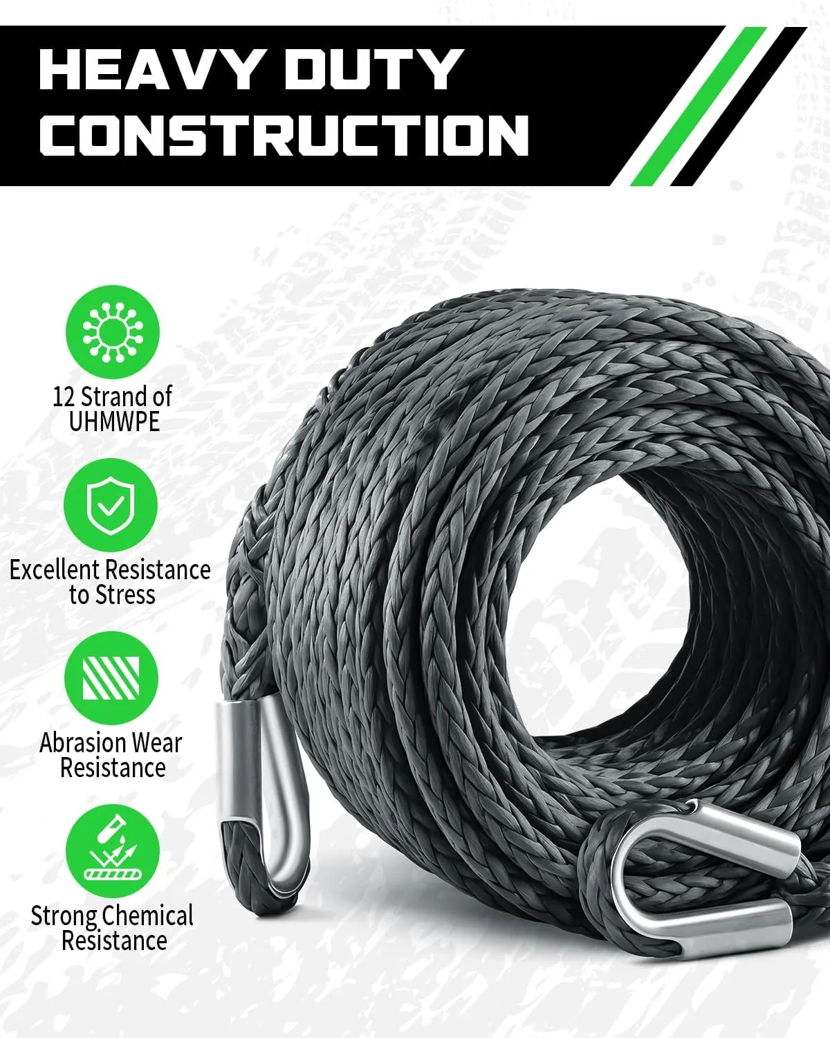 DAYDOOR Winch Rope Extension, 3/8'' x 92ft Synthetic Winch Extension Rope, 26,500 Lbs Winch Extension Line for Off Road Vehicle ATV UTV SUV Jeep(Gray)