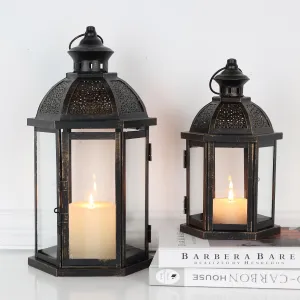 DECORKEY Large Lantern Decorative Outdoor & Indoor, Set of 2 (15’’&11’’) Metal Candle Lanterns Decor, Vintage Hanging Candle Holder for Front Porch Patio Wedding Farmhouse Home, Spring Decoration