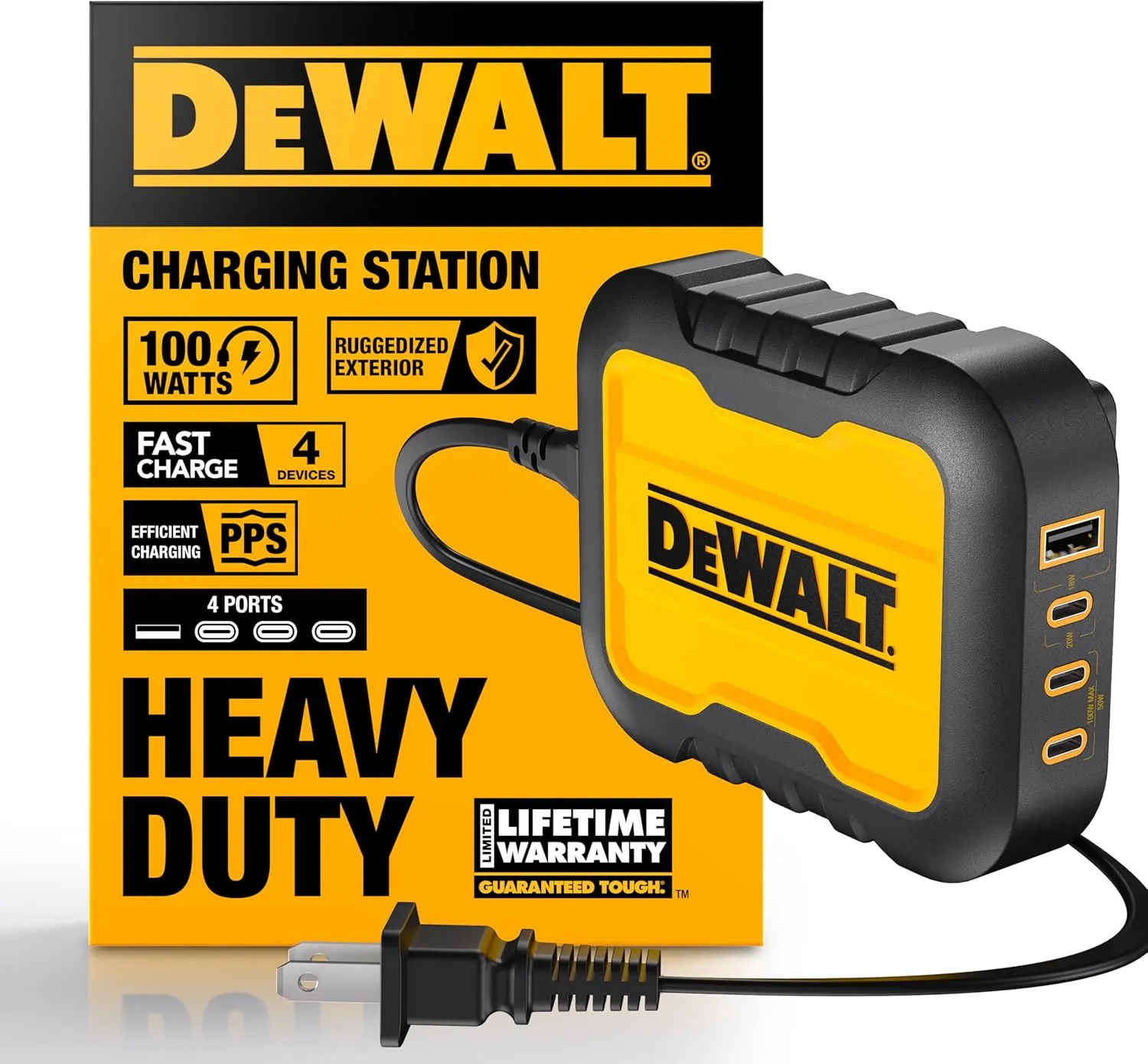 DEWALT Heavy Duty 4 Port USB C Charger Block, 100W USB C Charger Intelligent Power Sharing, 6ft Power Cord, Charge 4 Devices Compatible w/DEWALT 20V Batteries, Perfect for Work Tables & Jobsites