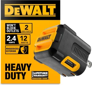 DEWALT Heavy Duty NeverBlock USB Charger, Angled Dual Port 12W Wall Charger Adapter, Foldable Plug, Charging Box Brick, Cube for iPhone 15 14 13 12 11 Pro Max, Galaxy S22 S21 Note 20, HTC, Moto, LG
