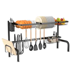 Dish Drying Rack Over Sink Drainer Cup Plate Holder W 8 Hooks Kitchen Organizer