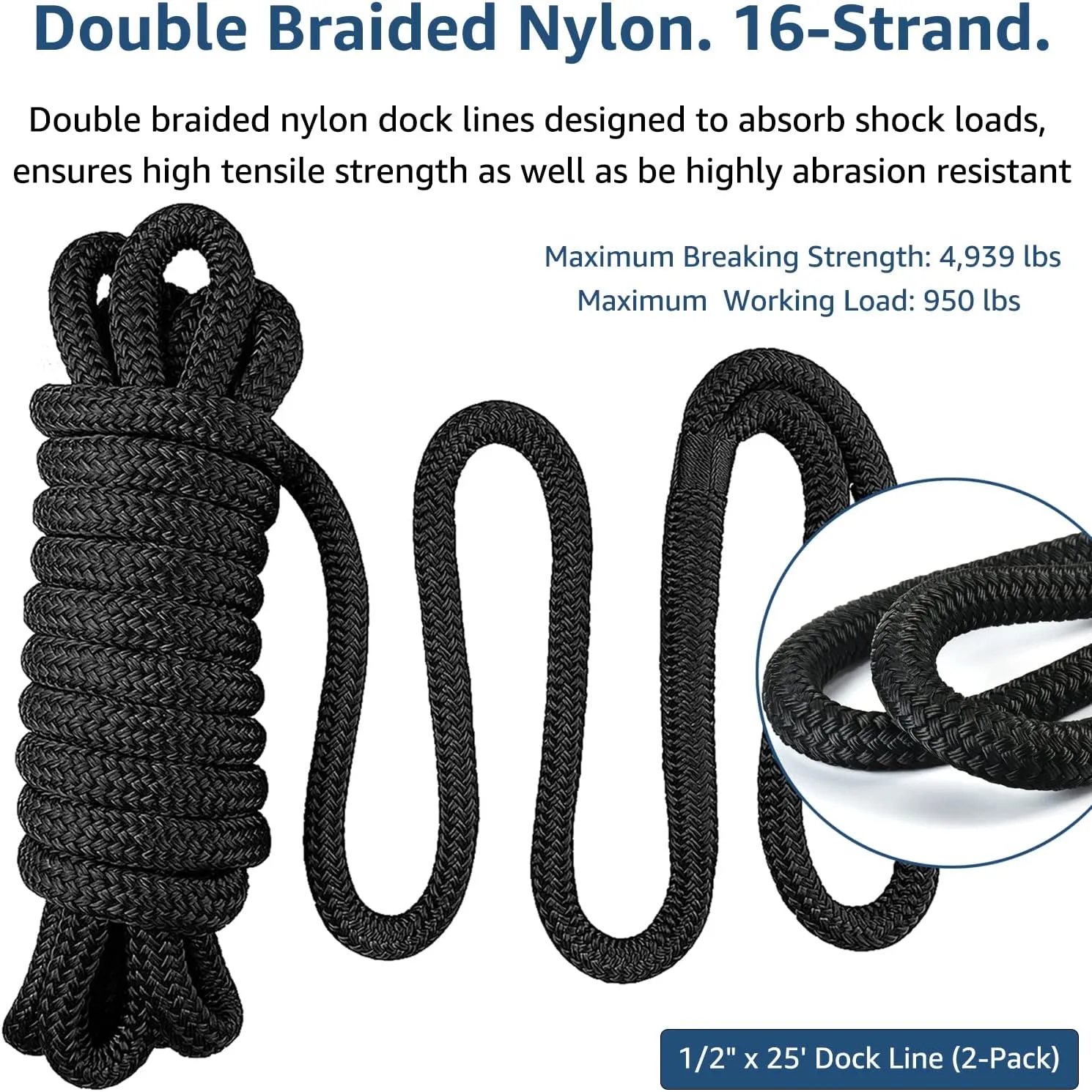 Dock Lines: 1/2" x 25' Double Braided Nylon Boat Dock Lines - Premium Boat Ropes for Secure Docking with 12" Loop - Marine Grade Boat Rope/Dock Line, Sturdy and Hi-Performance - 2 Pack