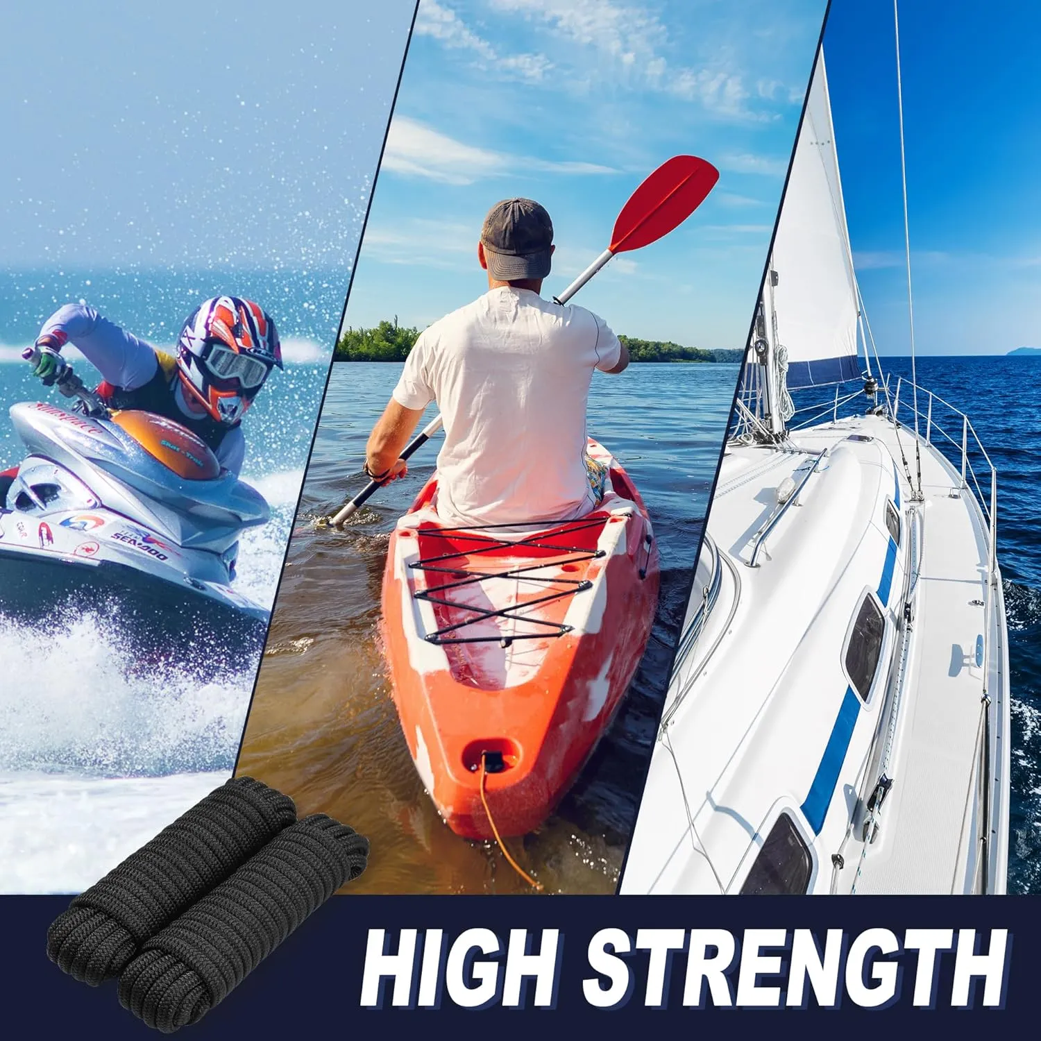 Dock Lines 5/8" x 35' Boat Dock line Double Braided Nylon Boat Ropes for Docking with Loop -2 Pack Black